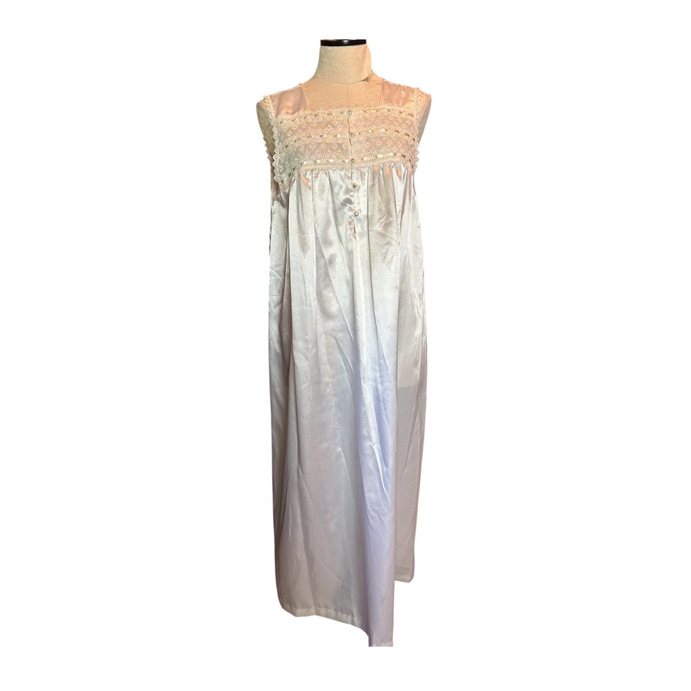 Character‎ VTG White Satin Lace Nightgown Sleeveless Pearl Button M